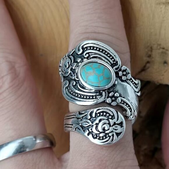Boho Faux Turquoise Floral Adjustable Spoon Ring #1214 - Picture 7 of 8
